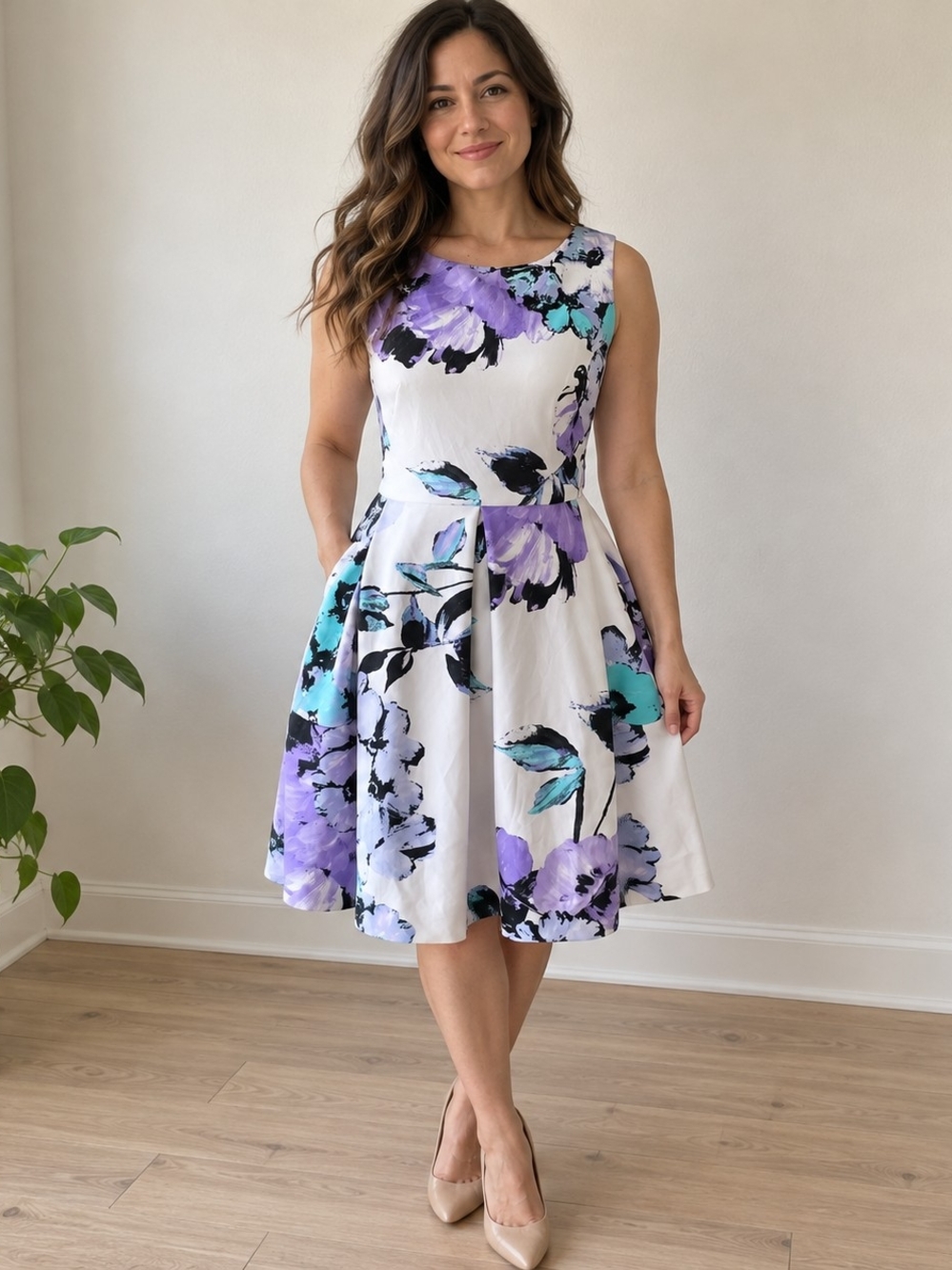 Taylor White Sleeveless Floral Fit-and-Flare Dress with Purple & Teal Blooms